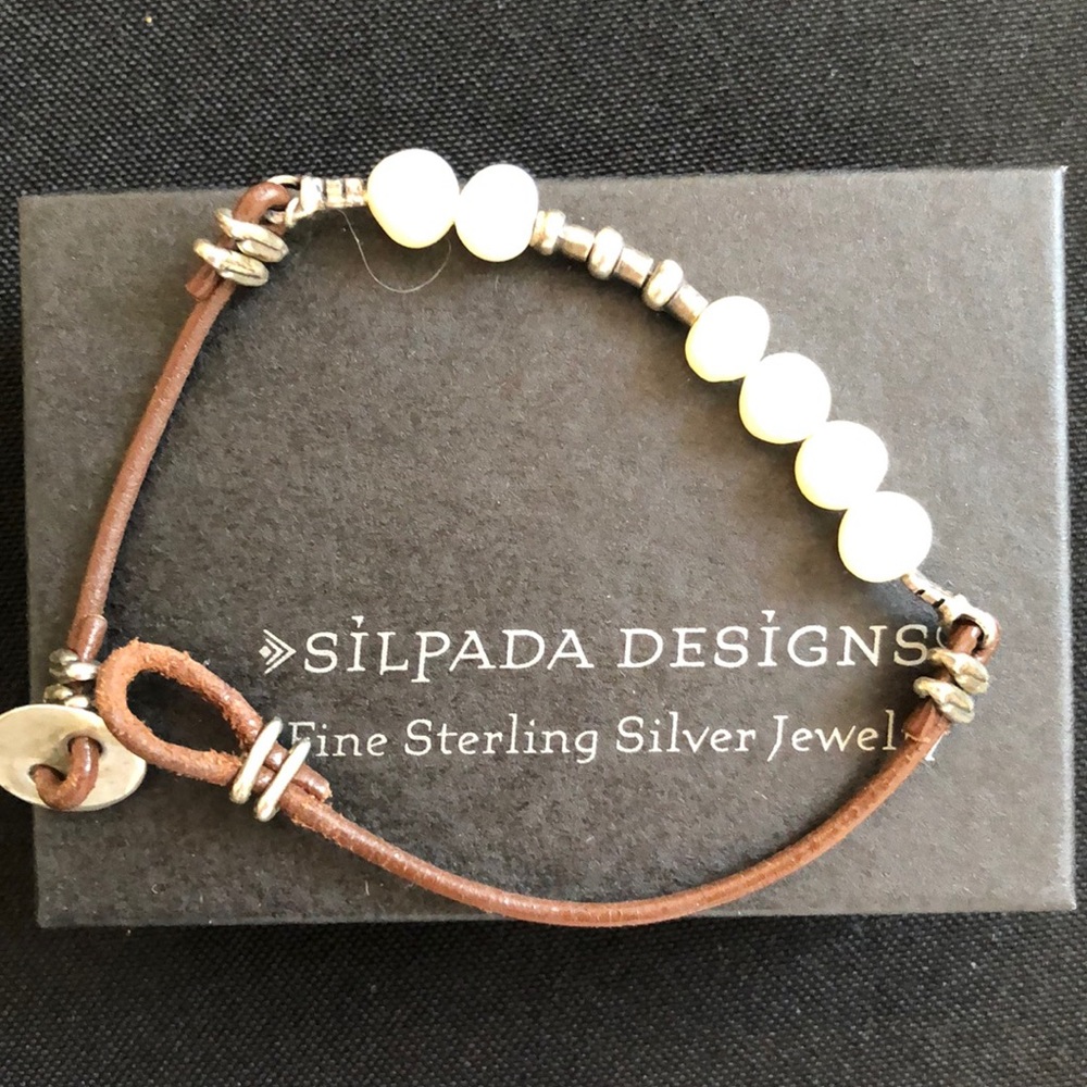 Bracelet, brown leather, pearl and sterling.